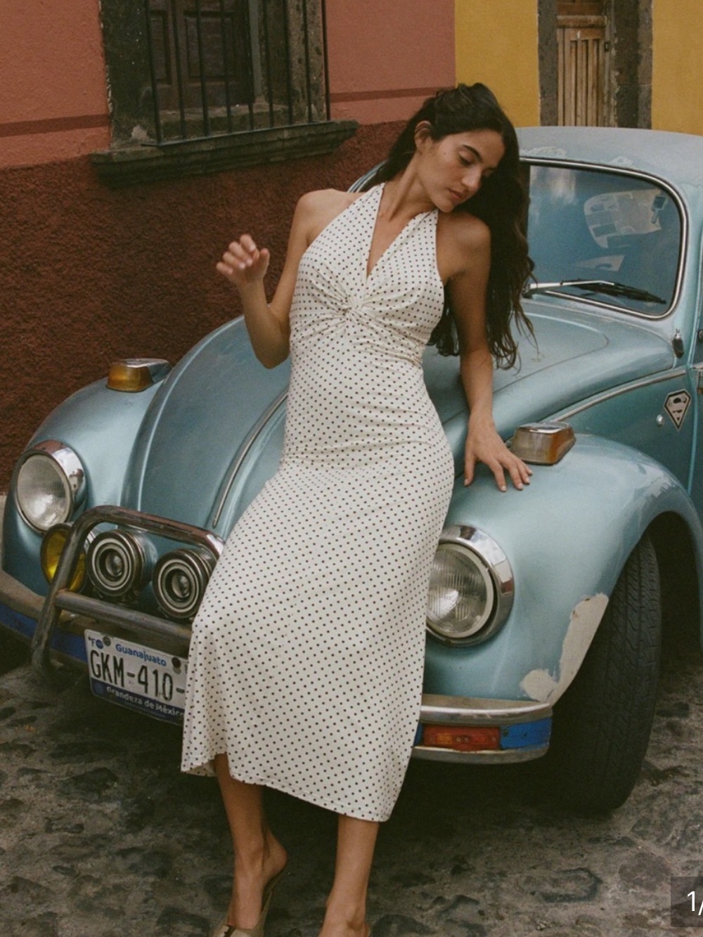 With Jean Maude White Halter Midi Dress with Black Polka Dots